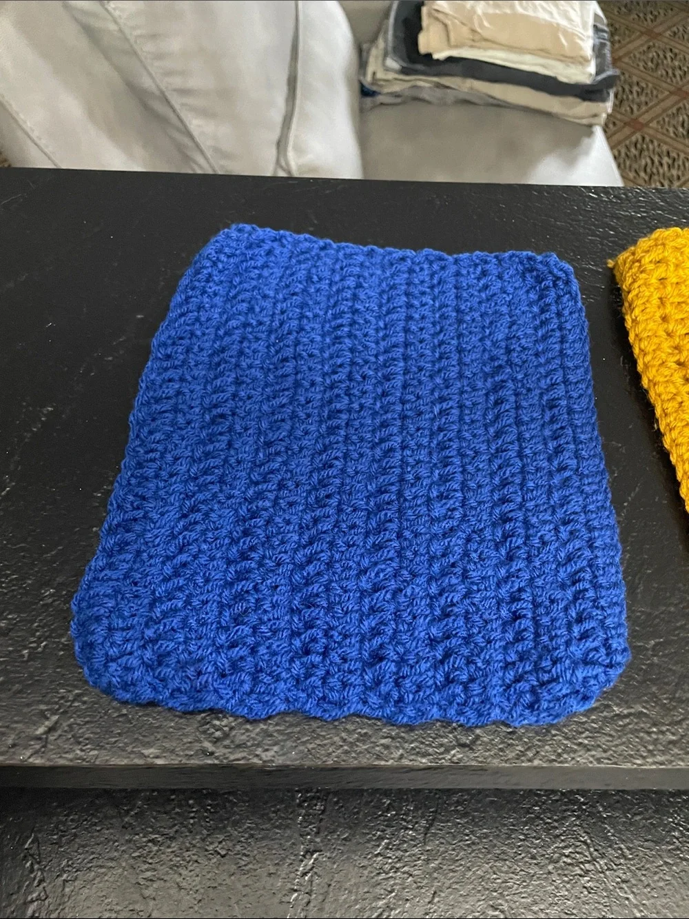 Hand-Crocheted Dishcloths in Royal Blue & Mustard Yellow Set of 3 Approx. 8x11